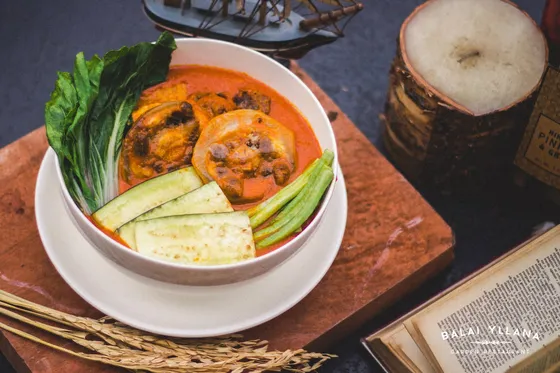 Kare-kare in a white bowl with pechay, eggplant and sitaw, 2020